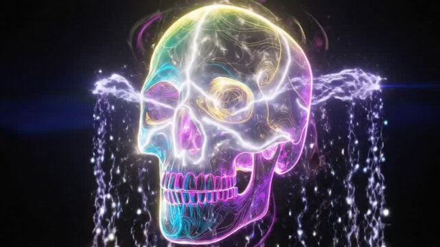 This mesmerizing abstract animation features a vibrant, glowing human skull rendered with a striking holographic effect against a dark background. Dynamic lines of luminous energy swirl within the tra