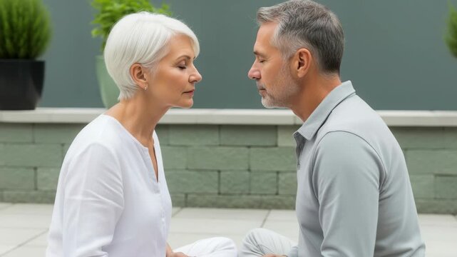Senior couple meditating face-to-face outdoors on a terrace. Mature man and woman practicing mindfulness breathing exercises together. Yoga and wellness concept