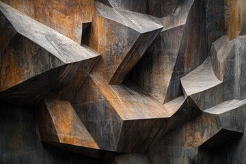 Abstract geometric wall: weathered concrete and stone in dark grey, black, rustic orange. Sharp, angular facets create dramatic sculptural texture.