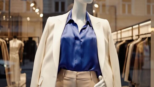 This sophisticated video showcases a stylish mannequin dressed in contemporary professional attire, prominently displayed in a brightly lit retail window. The elegant outfit features a crisp white bla
