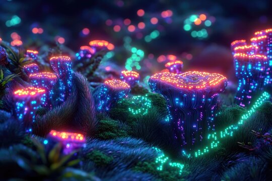 Vibrant cybernetic mushrooms glow with intricate circuitry, illuminating a fantastical forest of neon flora. A digital dreamscape of bioluminescent wonder unfolds. - Powered by Adobe