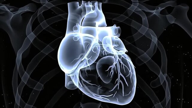 X-ray image of a human heart and ribcage, showing the organ's structure.