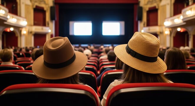 Two people wearing hats watch a performance in a grand theater