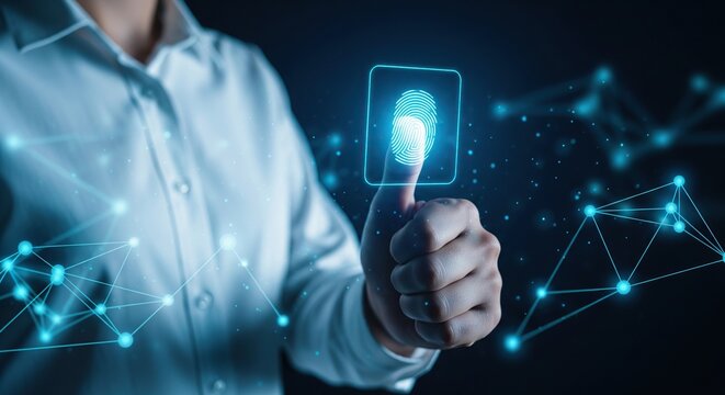 Person using fingerprint scanner on smartphone for digital security and authentication - Powered by Adobe