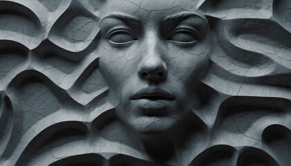 Hyper realistic 3D render of a woman's face sculpted in clay, emerging from deep, organic, wavy cracks. Rough micro-texture and monochromatic grey tone emphasize the themes of stress or breakdown.