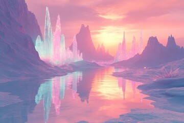 An ethereal fantasy landscape features glowing crystal spires reflecting in serene waters, illuminated by a mesmerizing pink and orange sunset.