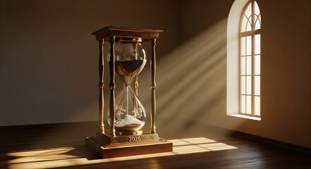 Ornate antique hourglass with sand flowing in dramatic sunlight from a window
