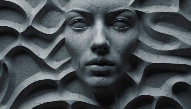 Hyper realistic 3D render of a woman's face sculpted in clay, emerging from deep, organic, wavy cracks. Rough micro-texture and monochromatic grey tone emphasize the themes of stress or breakdown.