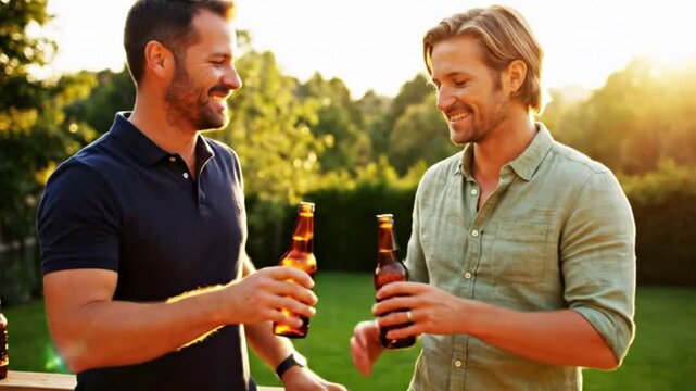 Two cheerful male friends share a moment of laughter and genuine camaraderie while enjoying refreshing drinks from glass bottles outdoors. The scene is bathed in warm golden light.