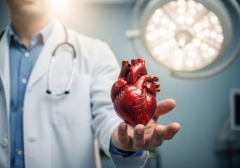 Surgeon holding a realistic human heart in operating room with surgical lights
