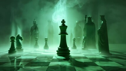 Mystical chess scene with green mist and ethereal figures - Powered by Adobe
