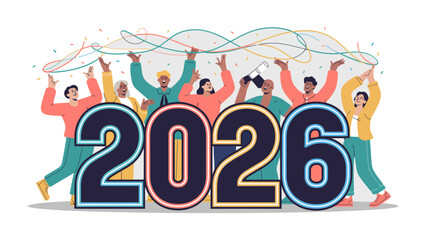New Year Vision 2026: A vibrant collective embraces the future, united in anticipation and hope, as they usher in the year 2026 with a colorful vision for progress.