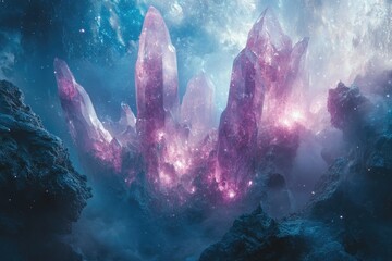 A magical alien landscape featuring colossal, luminous purple crystals emerging from dark rocks under a celestial, star-filled, nebulous sky.