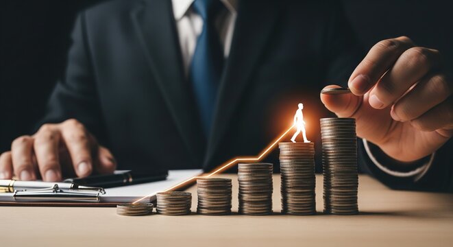 Businessman adding coin to growing stack representing financial growth and investment