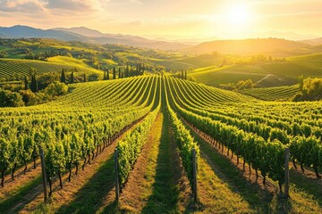 Naklejka premium Golden hour illuminates rolling vineyard hills in a serene Tuscan landscape, with endless rows of grapevines stretching towards the horizon under a warm sky.