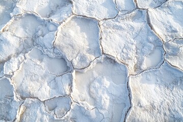 An aerial close-up of a salt flat, showcasing intricate polygonal patterns of white crystalline formations and dried brine pools, revealing nature's abstract art.