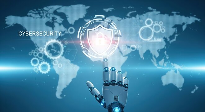 Robotic hand interacting with global cybersecurity shield and digital data