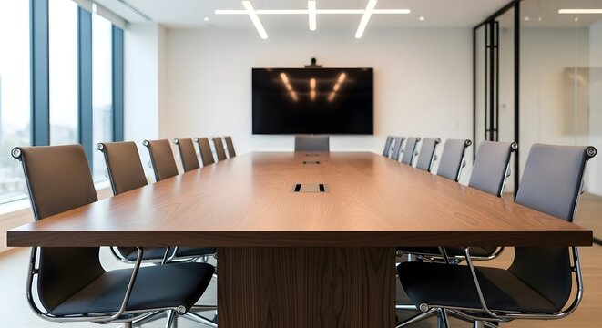 Modern conference room with a large wooden table surrounded by chairs, a screen on the wall, and natural light from a window.