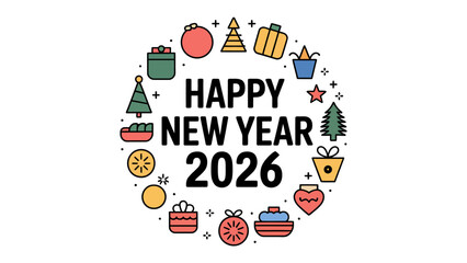 Happy New Year 2026 Celebration: An artistic and festive display of ornaments and gifts, symbolizing the welcoming of 2026, conveying cheer and anticipation for the coming year.