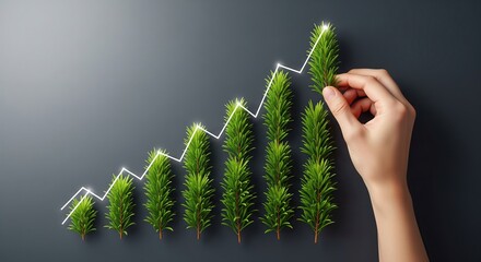 Green business growth chart made of trees with hand reaching upwards
