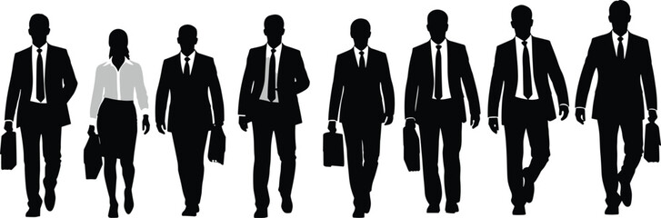 Silhouette, business, professional, walking, posture, gesture, briefcase, suit, skirt, diversity, attire, office, corporate, black, white, illustration, concept, figure, workplace, forward, motion