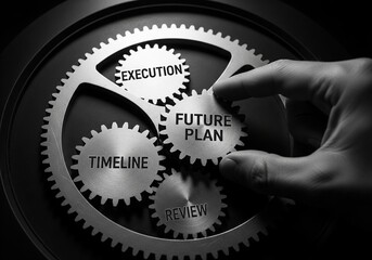Hand engages gears representing future plan execution and timeline