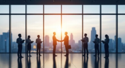 Business people shaking hands in modern office with city skyline sunset view