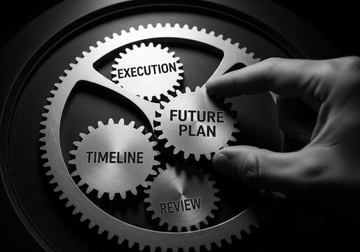 Hand engages gears representing future plan execution and timeline
