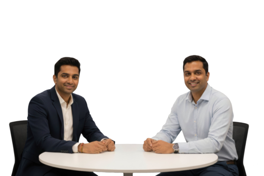 Two Indian business men smiling at modern office table, isolated on transparent background