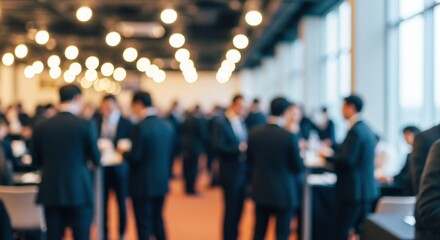 Blurred image of people in suits at a business conference or networking event