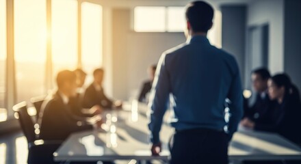 Man standing in front of a blurred group of people in a conference room