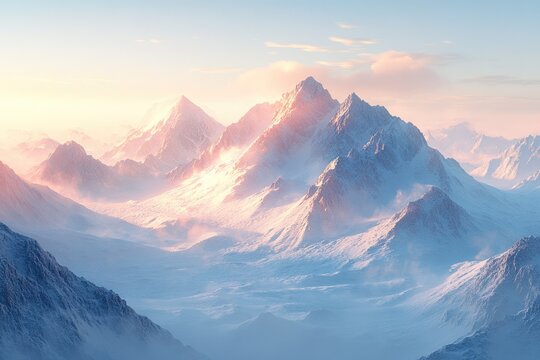 Majestic snow-capped mountains bathed in a soft sunrise glow, with ethereal mist filling the vast valleys. A serene and breathtaking winter landscape.