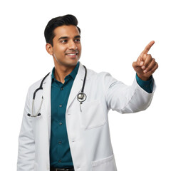 Fototapeta premium Confident Indian doctor pointing to something, isolated on transparent background