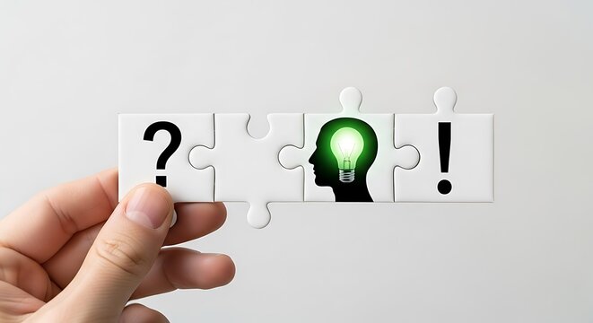 Hand holding puzzle pieces with question idea and exclamation marks