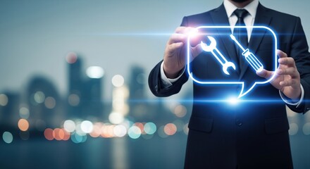 Businessman drawing a chat bubble with tools for technical support