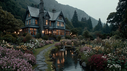 Fototapeta premium Beautiful classic wooden hotel style with big garden in front of the hotel , mountain landscape is behind