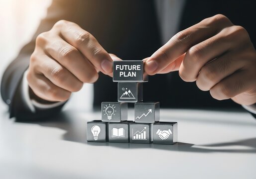 Hands building a future plan with glowing icons on blocks