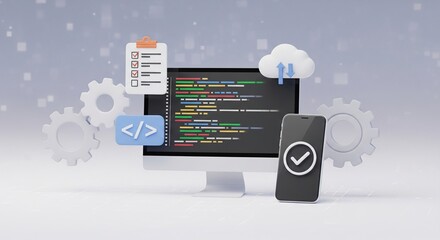Computer screen displaying code with cloud and checklist icons in a snowy environment