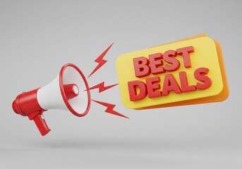 Megaphone announcing best deals with lightning bolts and yellow sign