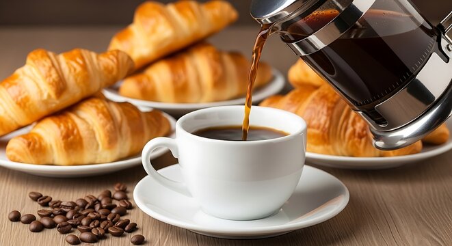 Coffee Pouring into White Cup with Croissants and Coffee Beans - Powered by Adobe
