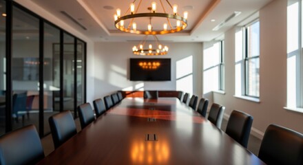 Elegant modern boardroom with large wooden table and chandeliers