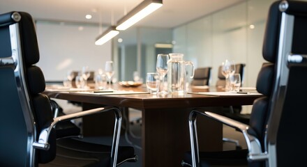 Modern conference room with dark leather chairs and glassware ready for meeting