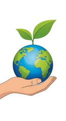 Cartoon Hand Holding Globe with Green Sprout on White Background
