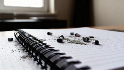 Used eraser bits on notebook page under soft indoor light, realistic mood, indoor photography