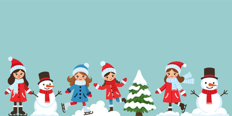 Cute Kids Playing in Snow with Snowmen – Winter Holiday Illustration