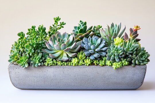 A vibrant array of diverse succulents, including rosette and trailing types, elegantly housed in a modern grey concrete rectangular planter.