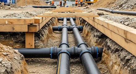 Black Pipes Laid in Trench with Wooden Supports at Construction Site