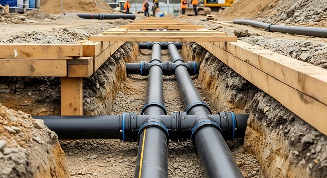 Black Pipes Laid in Trench with Wooden Supports at Construction Site