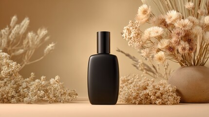 Elegant Black Perfume Bottle Surrounded by Dried Flowers on Soft Neutral Background for Beauty and Skincare Concepts