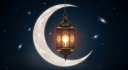 Ramadan Kareem Illuminated Lantern on a Crescent Moon Against Starry Night.